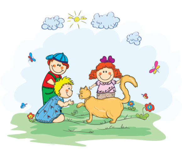 Smashing Kids Eps Vector: Kids Playing With A Cat Eps Vector Illustration 1