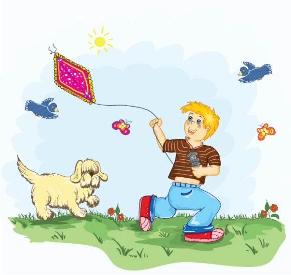 With, Illustration Vector Kid With Kite Vector Illustration 1