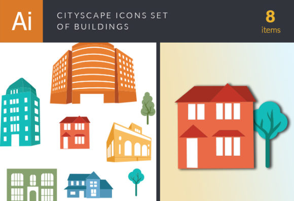 Cityscape Icon Set Of Buildings Vector 1