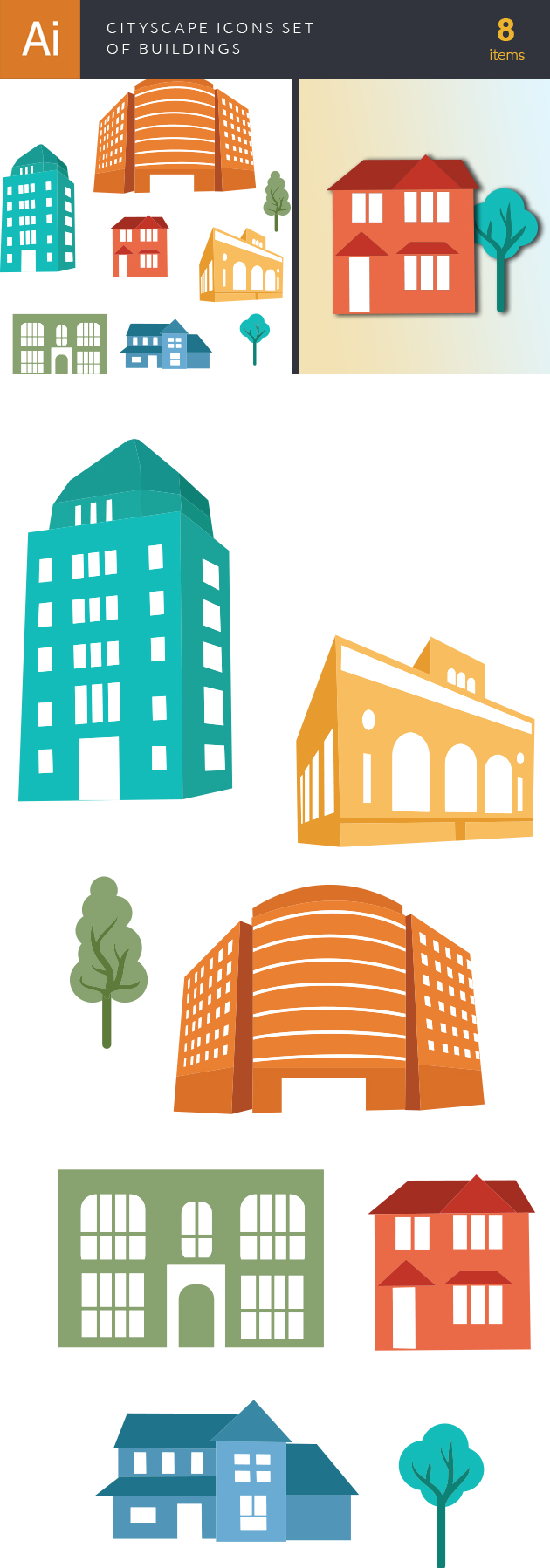 Cityscape Icon Set Of Buildings Vector 2