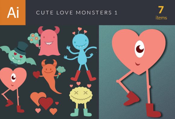 Cute Love Monsters Vector Set 1 1
