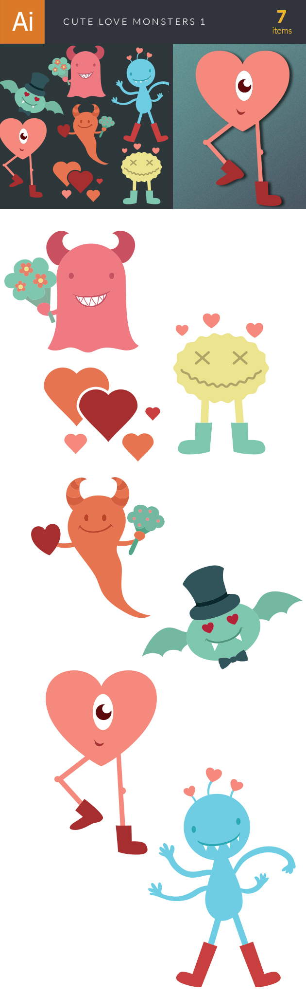 Cute Love Monsters Vector Set 1 2