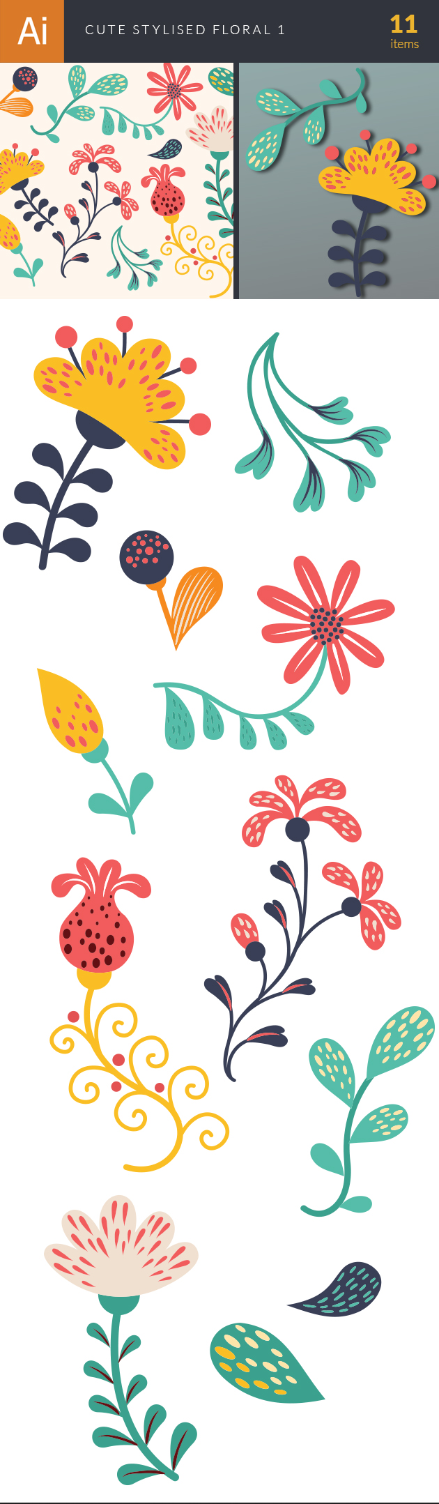Cute Stylized Floral Vector Set 1 2