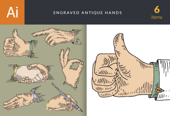 Engraved Antique Hands Vector Set 1 1