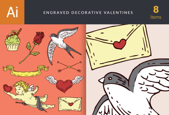 Engraved Decorative Valentines Vector Set 1 1