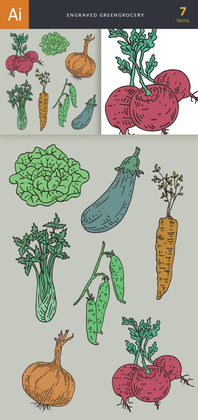 Engraved Green Grocery Vector Set 1 2