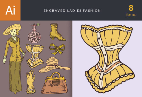 Engraved Ladies Fashion Vector Set 1 1