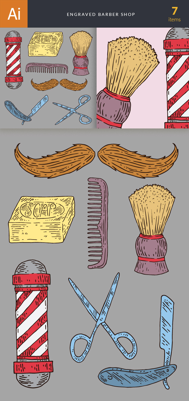 Engraved Barber Shop Vector Set 1 2
