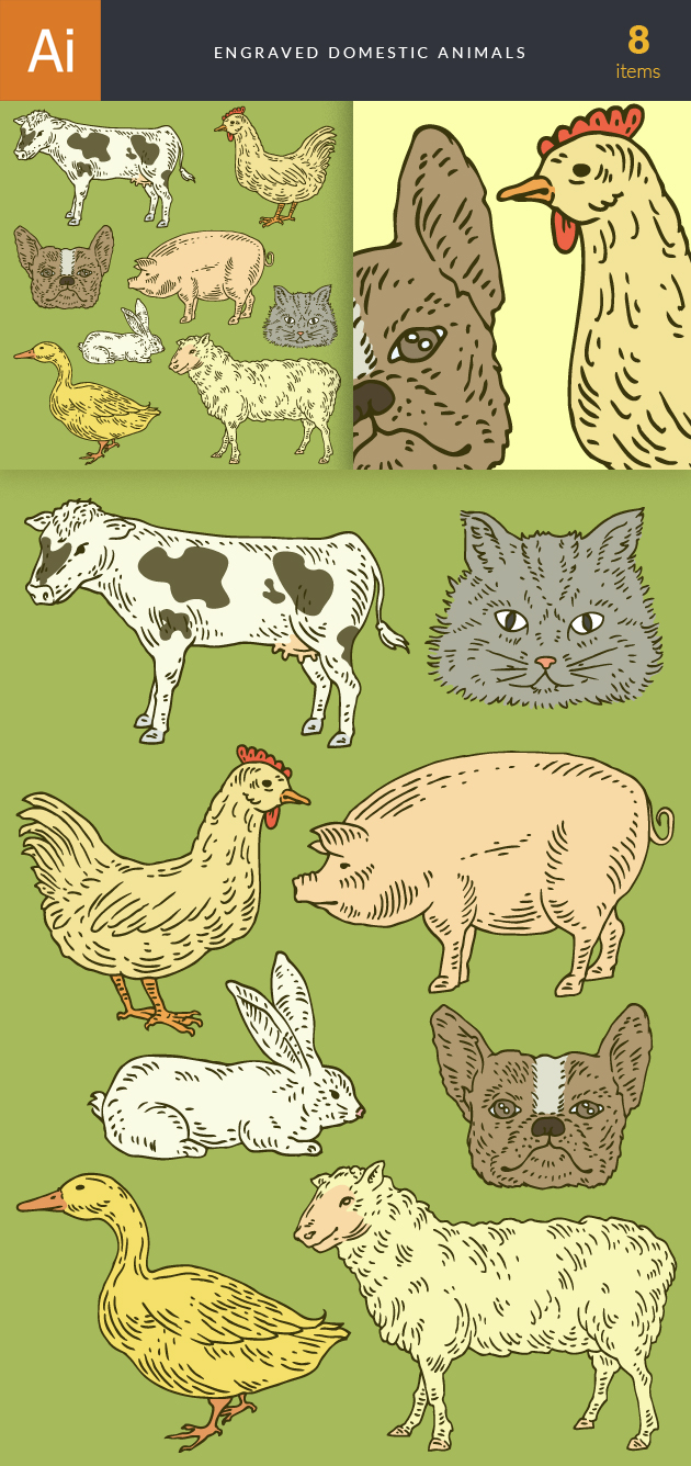 Engraved Domestic Animals Vector Set 1 2