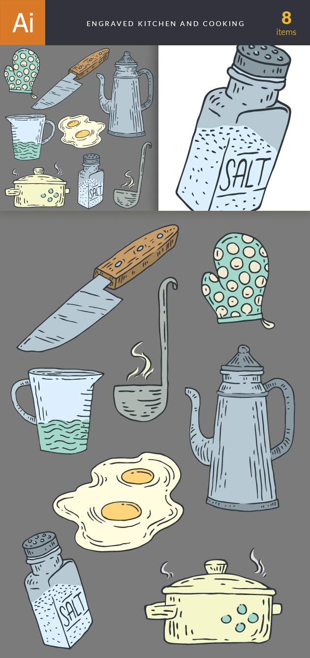 Engraved Kitchen And Cooking Vector Set 1 2