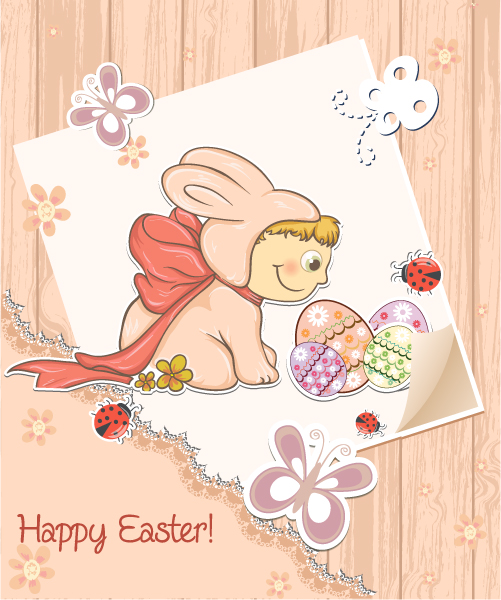 In Vector Art: Easter Background With Kid In Bunny Costume Vector Art Illustration 1