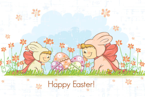 Floral-3, In, Costume, Kids Vector Art Easter Background  Kids In Bunny Costume Vector Illustration 1