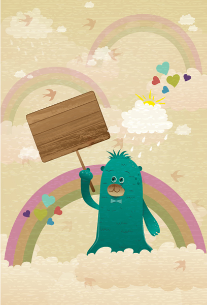 Trendy Cute Vector Design: Cute Monster With Wooden Sign Vector Design Illustration 1