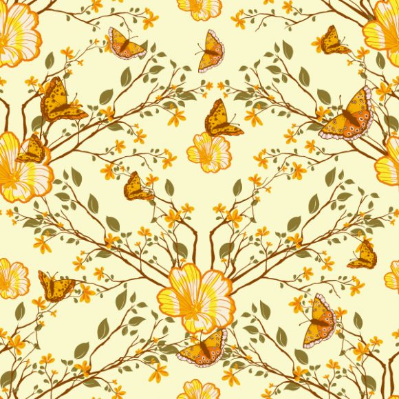 Creative Vector Image: Vector Image Seamless Floral Background With Butterflies 1