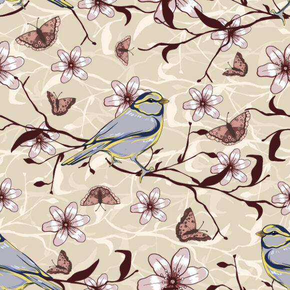 Exciting Floral Eps Vector: Eps Vector Seamless Floral Background With Birds 1