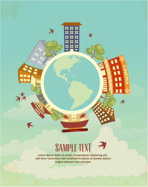 Smashing Globe Vector Background: Vector Background Illustration With Buildings And Earth Globe 1