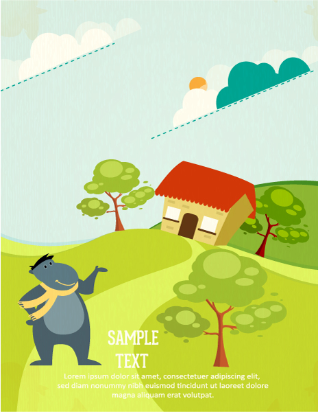 Buy Animals, Vector Background: Vector Background Background Illustration With Animals, House, Trees And Clouds 1