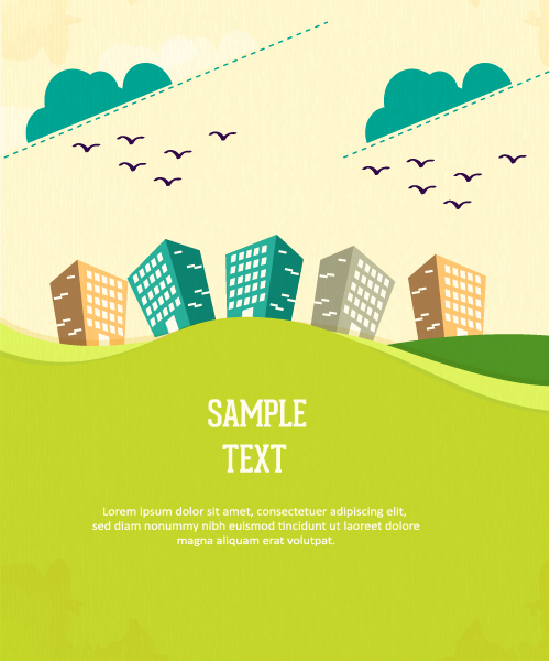 Illustration Vector Graphic: Vector Graphic Background Illustration With Tree, Clouds And Buildings 1