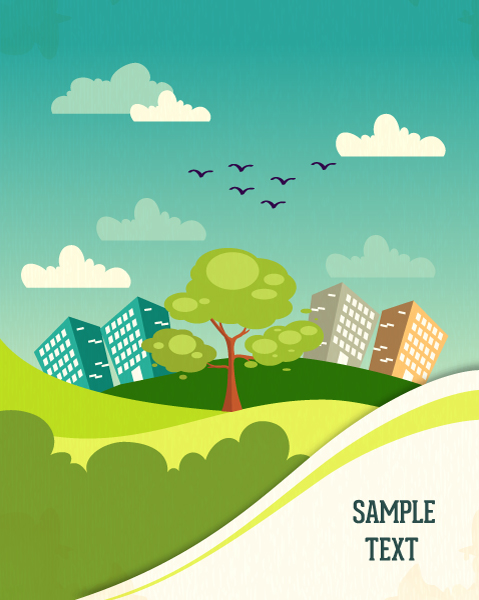 Smashing Tree,mountains,clouds,buildings Vector Illustration: Vector Illustration Background Illustration With Tree,mountains,clouds,buildings And Road 1