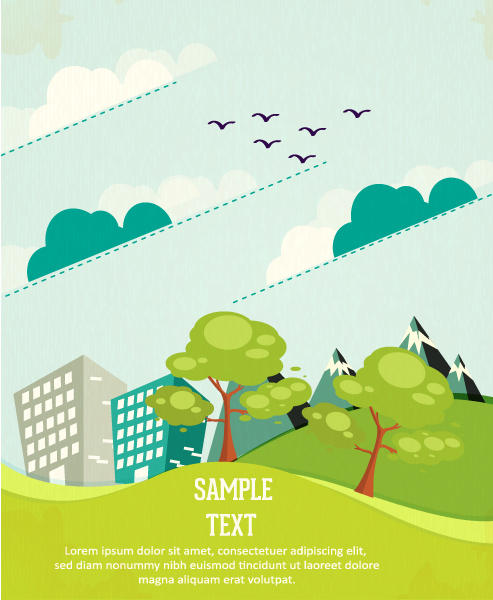 Special Vector Vector Background: Vector Background Background Illustration With Tree,mountains,clouds, And Buildings 1