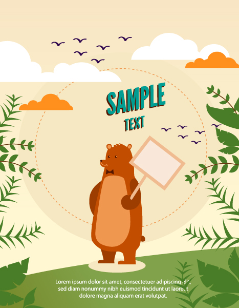 Insane Illustration Vector Background: Vector Background Background Illustration With Bear,leaves, Wood , Sign, And Clouds 1