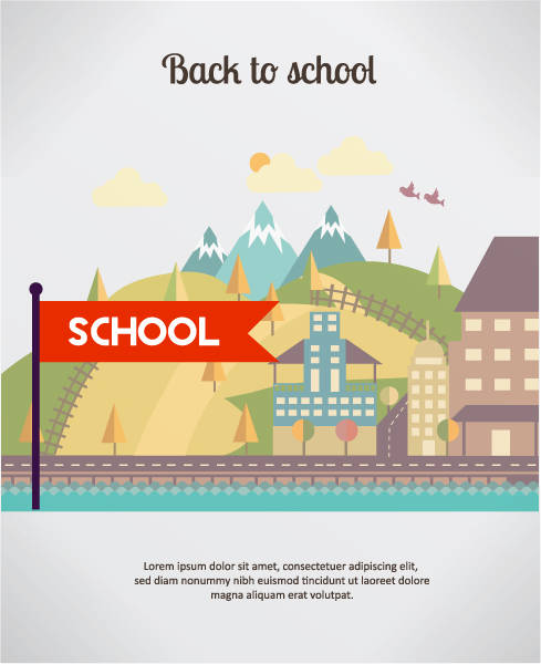 Illustration Vector Graphic: Back To School Vector Graphic Illustration With Hills And City 1