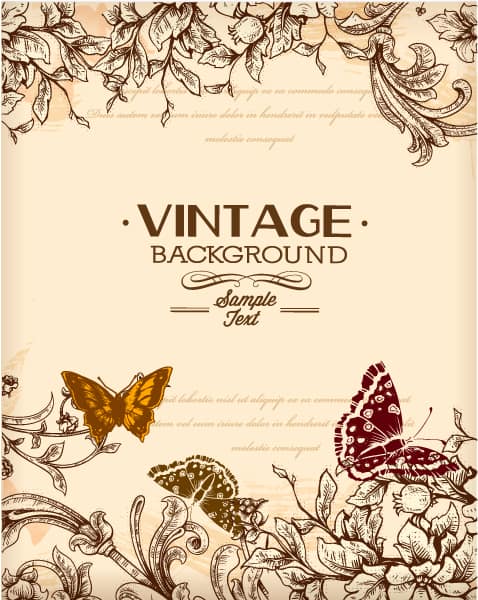 Illustration Vector Background: Vintage Vector Background Illustration With Spring Flowers And Butterfly 1