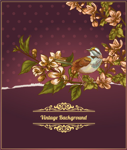 Bird, Vector Background: Vintage Vector Background Illustration With Bird, Spring Flowers 1