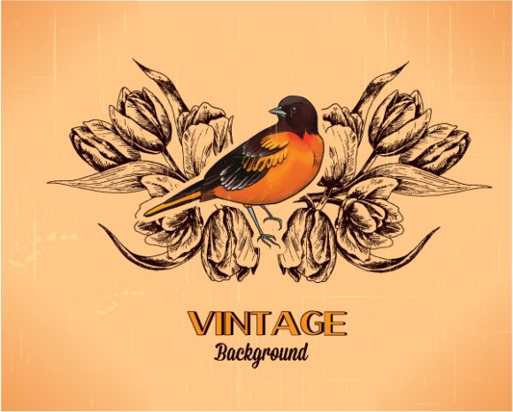 Illustration Vector Design: Vintage Vector Design Illustration With Spring Flower And Bird 1