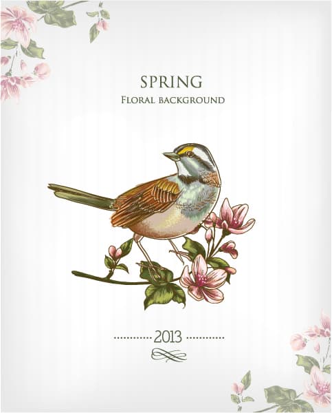 Floral, Spring Vector Graphic Floral Background Vector Illustration  Spring Flowers  Bird 1