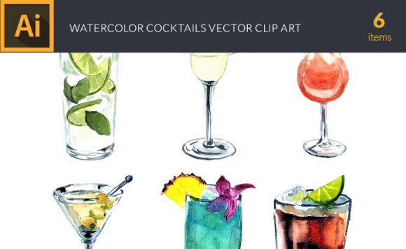 Watercolor Cocktails Vector Clipart 1