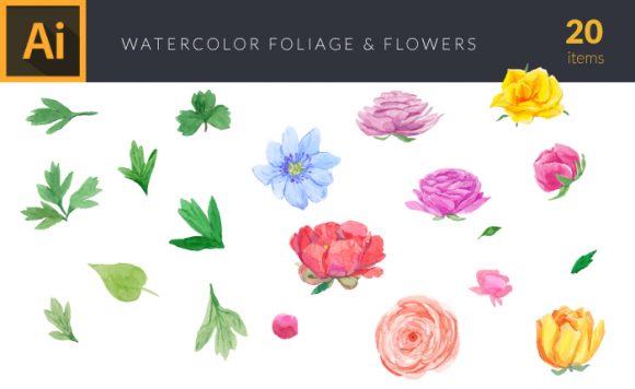 Watercolor Flowers and Foliage Vector Clipart 1
