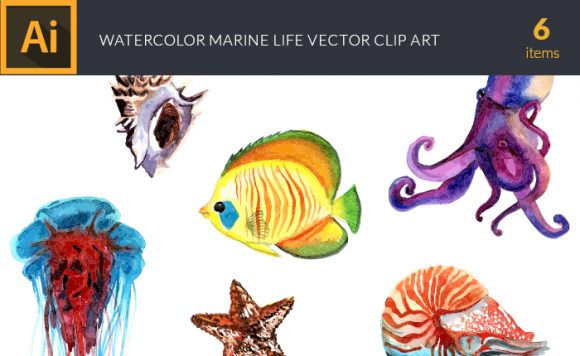 Watercolor Marine Life Vector Clipart 1