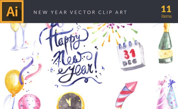 Watercolor New Year Vector Clipart 1