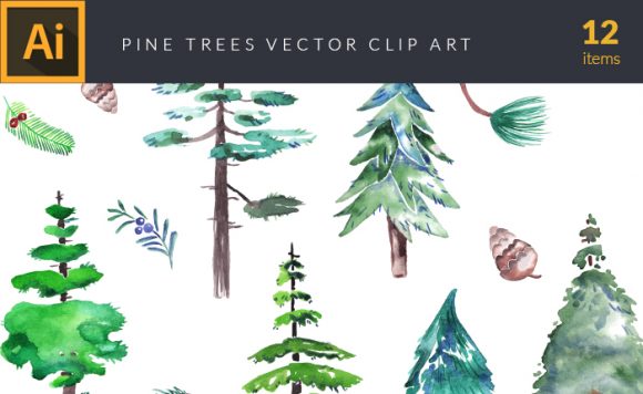 Watercolor Pine Trees Vector Clipart 1
