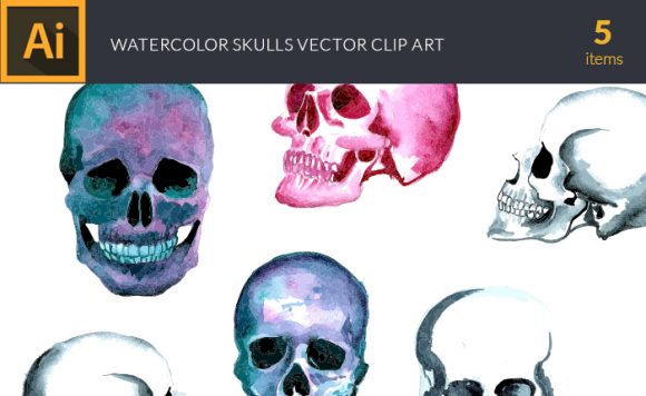 Watercolor Skulls Vector Clipart 1