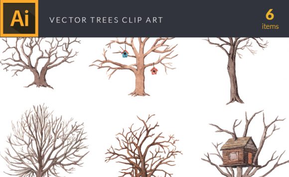 Watercolor Trees Vector Clipart 1