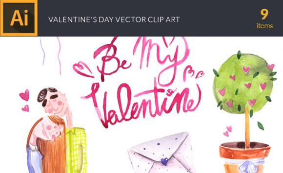 Watercolor Valentines Vector Clipart 1