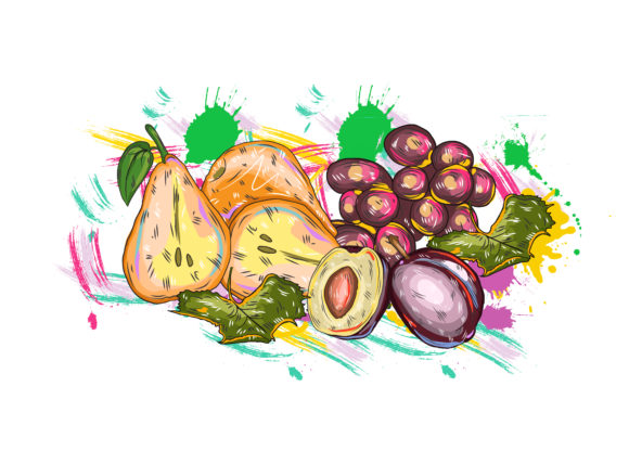 Buy Splashes Vector Graphic: Vector Graphic Fruits With Colorful Splashes 1