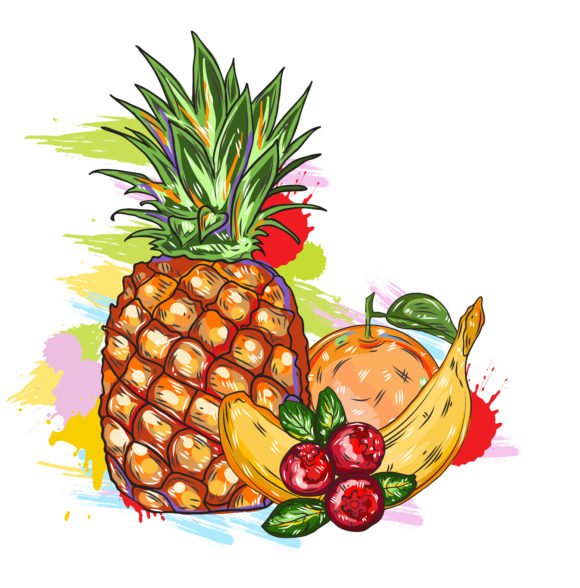 Trendy Fresh Vector Background: Vector Background Fruits With Colorful Splashes 1