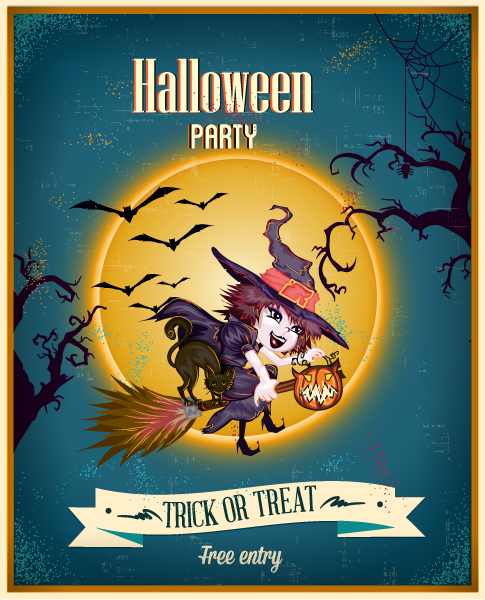 Download Moon, Vector Artwork: Halloween Vector Artwork Illustration  With Moon, Witch, Ribbon 1