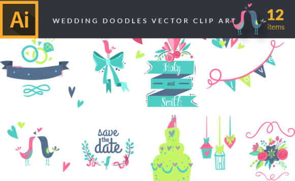 Illustrated Wedding Doodles Vector Pack