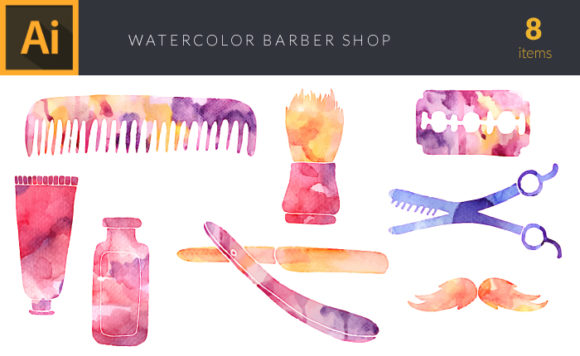 Watercolor Barber  Shop Vector Set 1