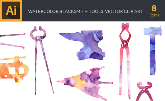 Watercolor Blacksmith  Tools Vector Set 1