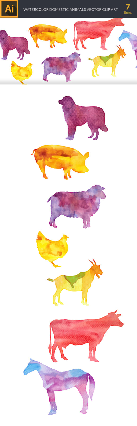 Watercolor Domestic  Animals Vector Set 2