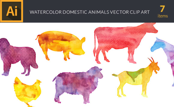 Watercolor Domestic  Animals Vector Set 1