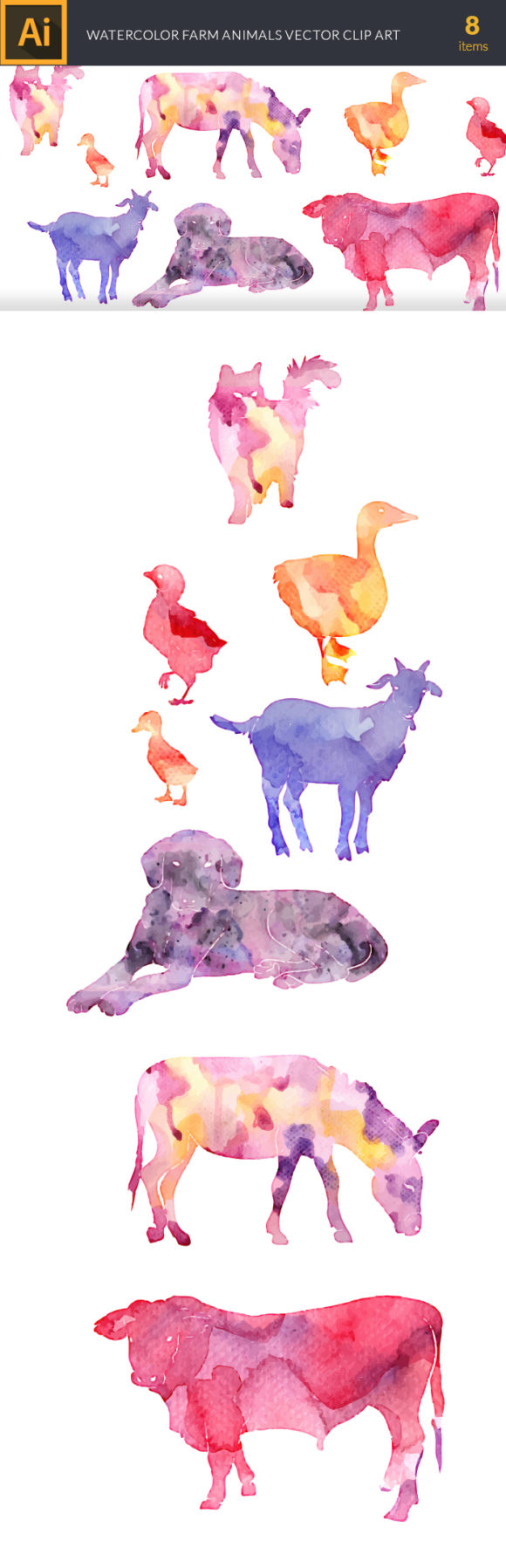 Watercolor Farm  Animals Vector Set 2