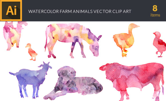 Watercolor Farm  Animals Vector Set 1