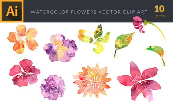 Watercolor Garden  Flowers Vector Set 1