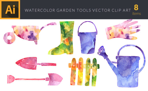 Watercolor Gardening  Tools Vector Set 1